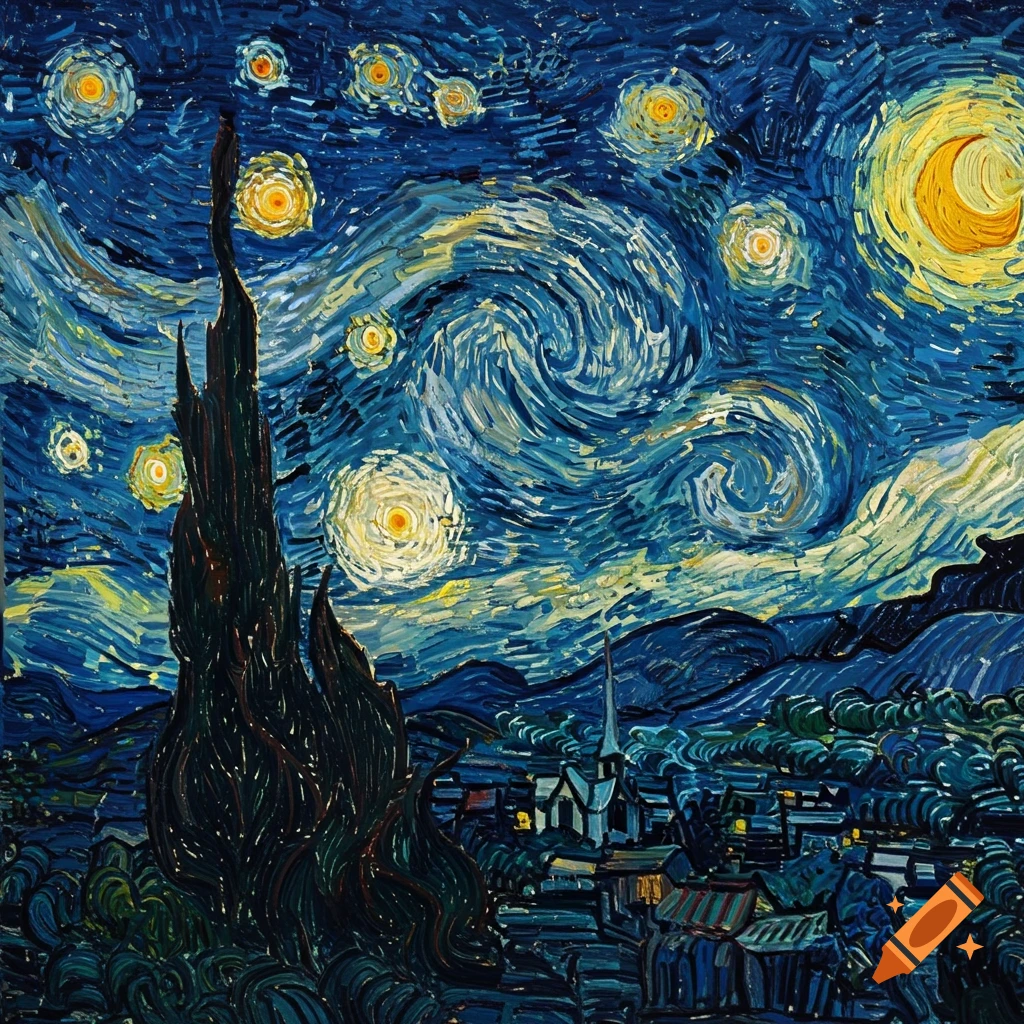 Van Gogh-style painting of a swirling blue night sky with bright stars and a crescent moon over a village and dark cypress tree.