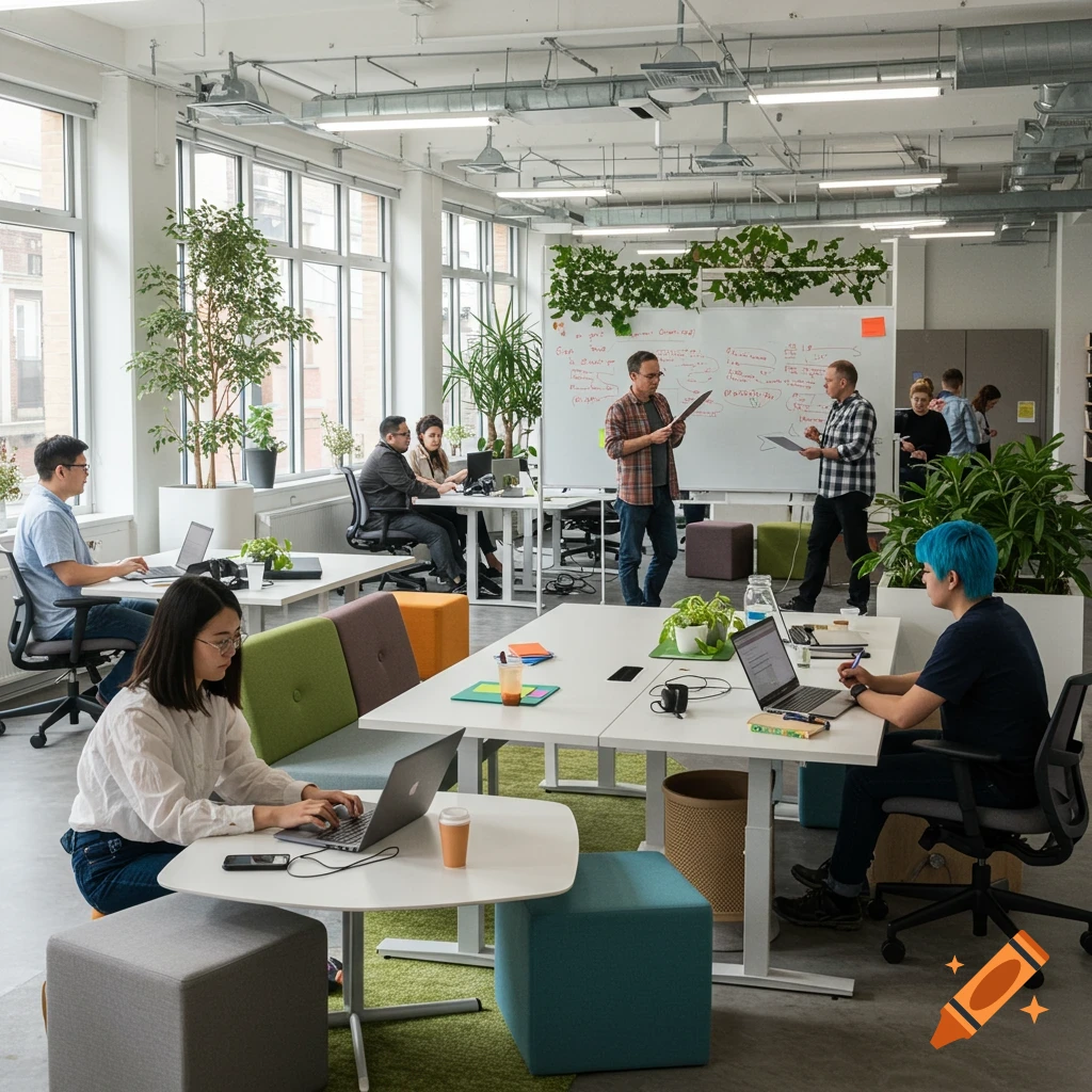 People work on laptops and stand near a whiteboard in a bright, modern office space.