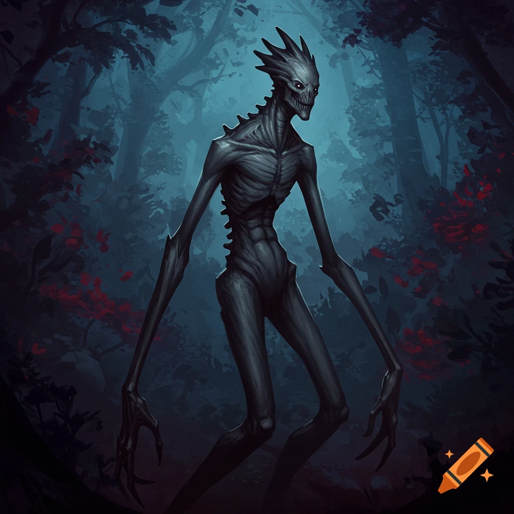 A tall, thin, gray creature with spiky head and long limbs stands in a dark forest.