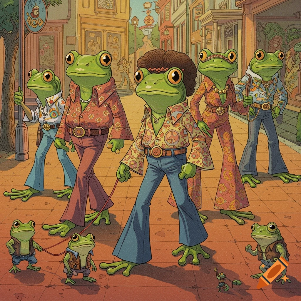 Frogs in 70s outfits walk down a street, some leading smaller frogs on leashes.