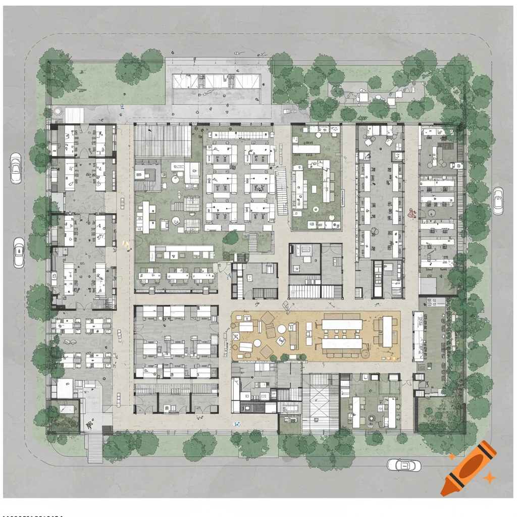 Detailed architectural floor plan of a co-working building with furniture layout, landscaping, and vehicles.