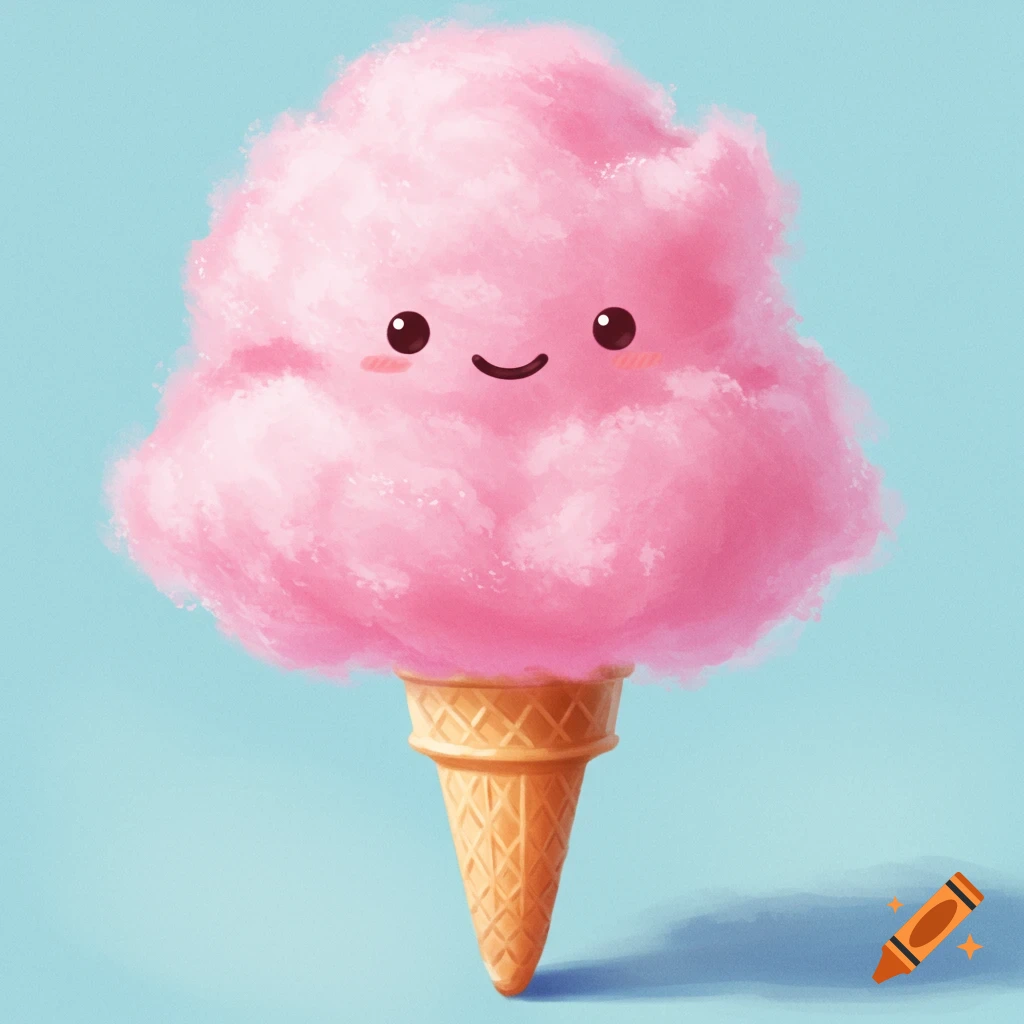 A smiling pink cotton candy on an ice cream cone against a blue background.