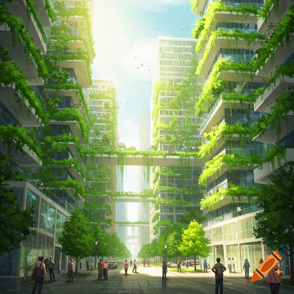 A city street with buildings covered in green vines and trees, people walking, and sky bridges connecting buildings.