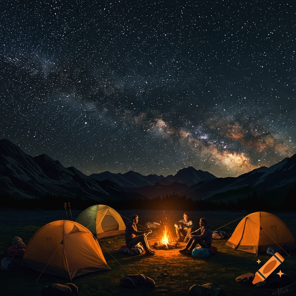 People camping around a fire with tents under a starry night sky in the mountains.