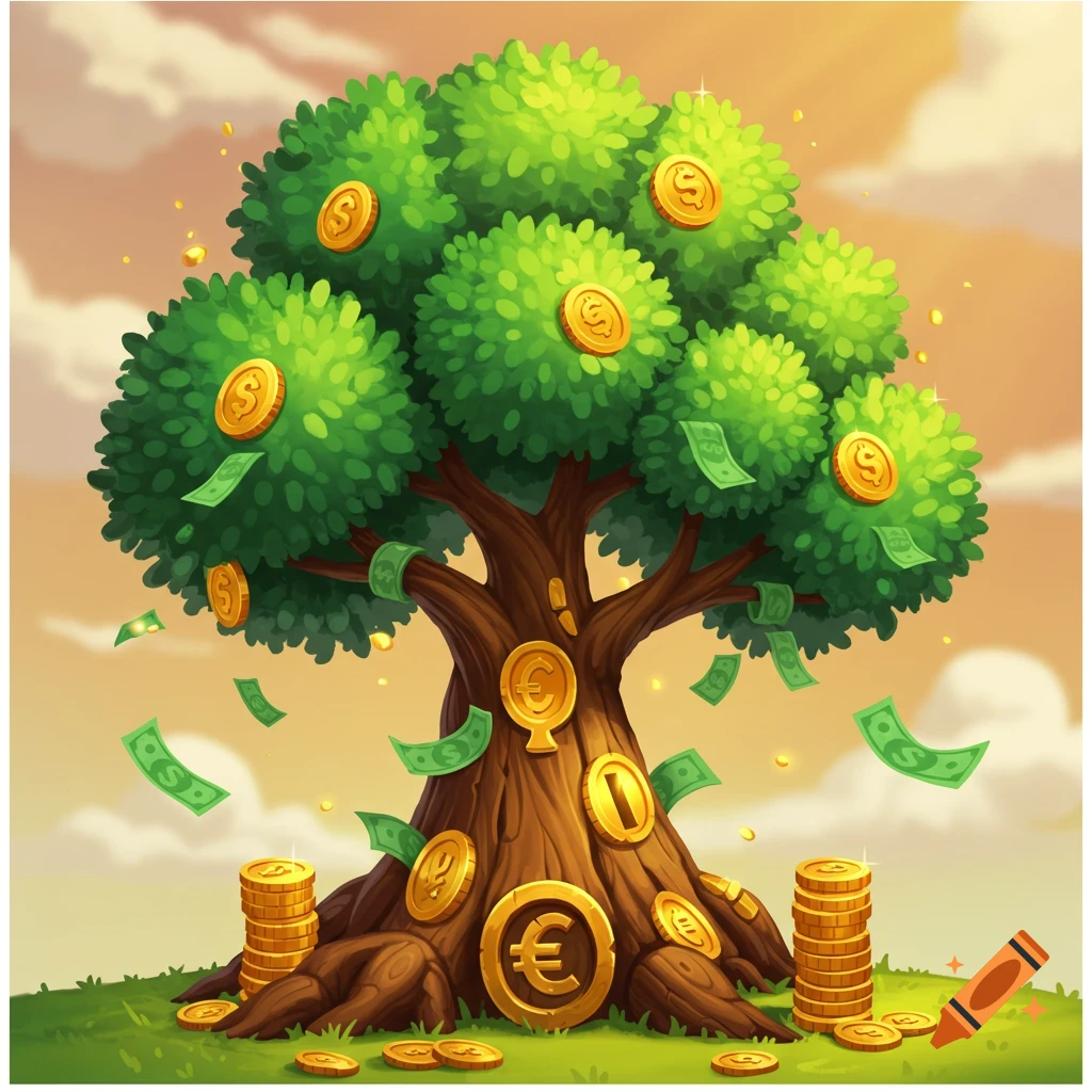 A tree growing coins and banknotes with stacks of money at the base.