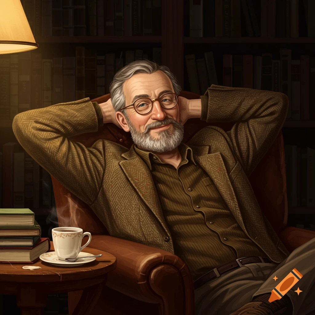 A man sits in a chair in a library with a cup of coffee and books.