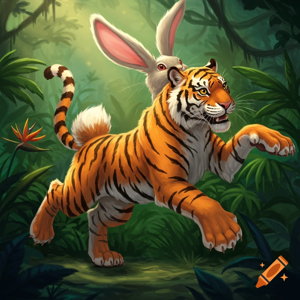 A tiger with rabbit ears is running through a jungle.
