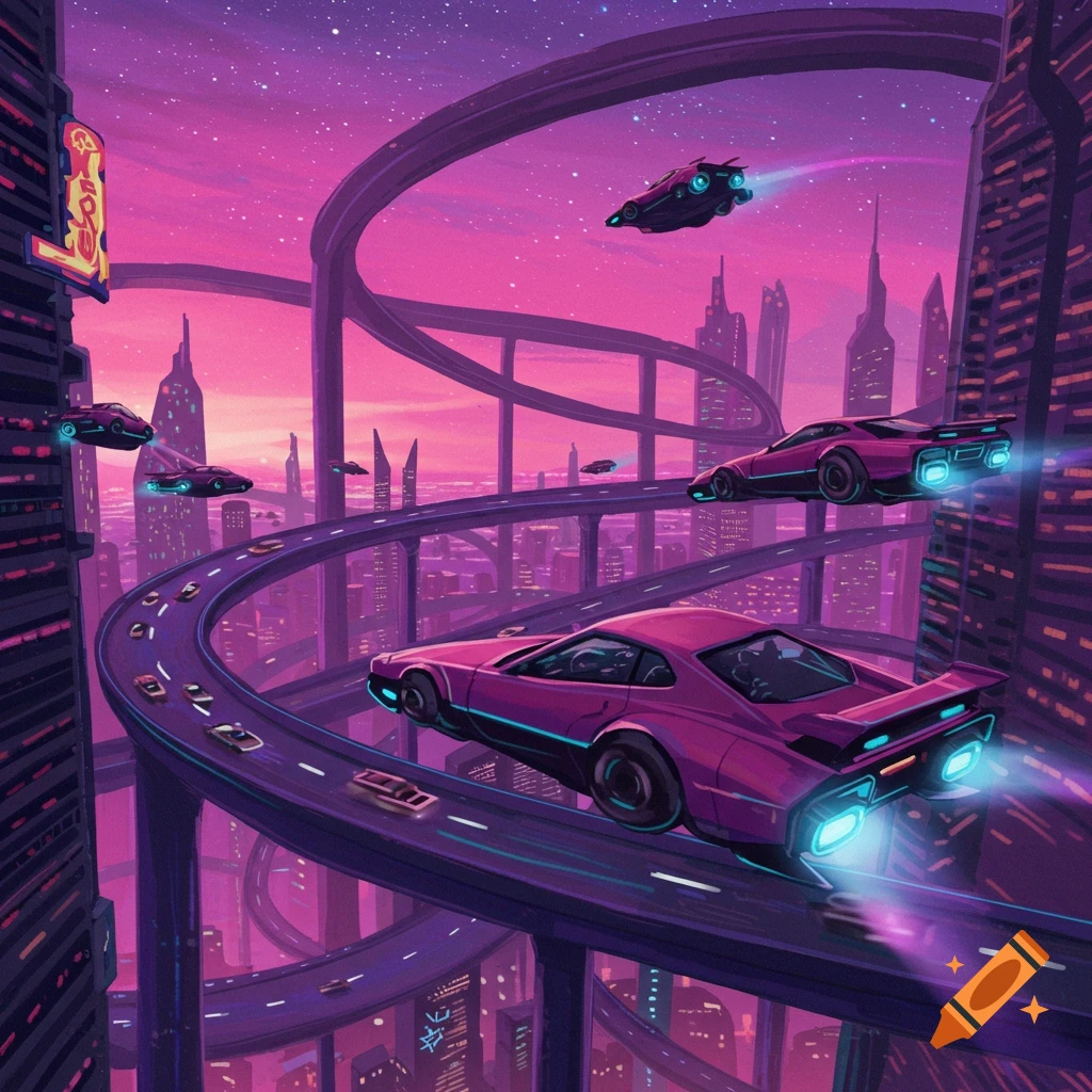 Flying cars travel on elevated highways through a futuristic city with pink and purple lighting.