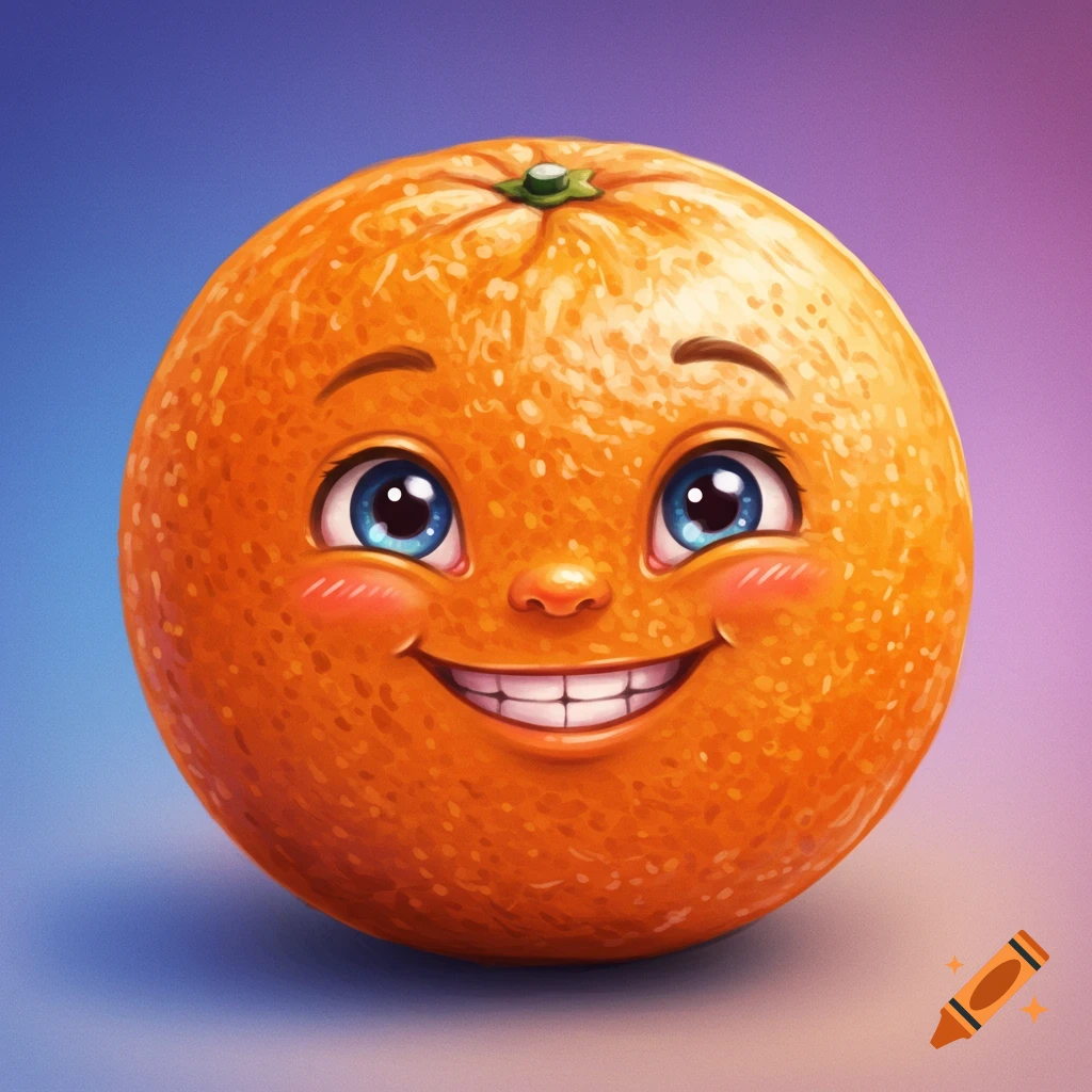A close-up image of a smiling orange with blue eyes and rosy cheeks.