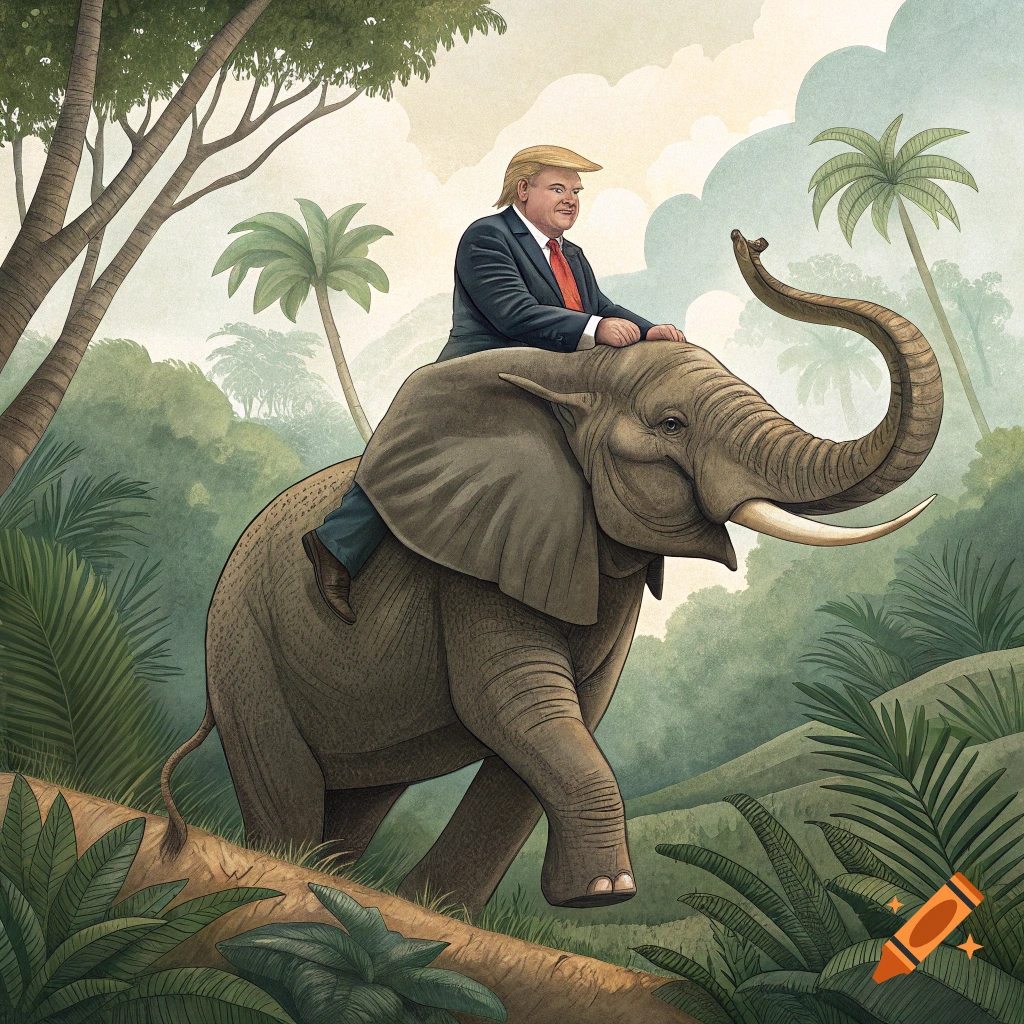 Illustration of Donald Trump riding an elephant through a jungle.