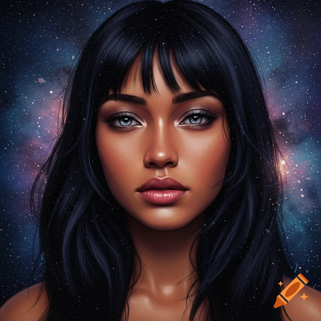 A portrait of a woman with black hair and gray eyes against a starry space background.