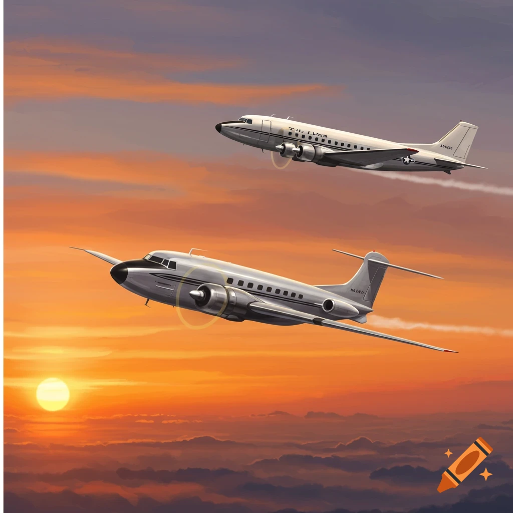 Two airplanes flying against a vibrant sunset sky
