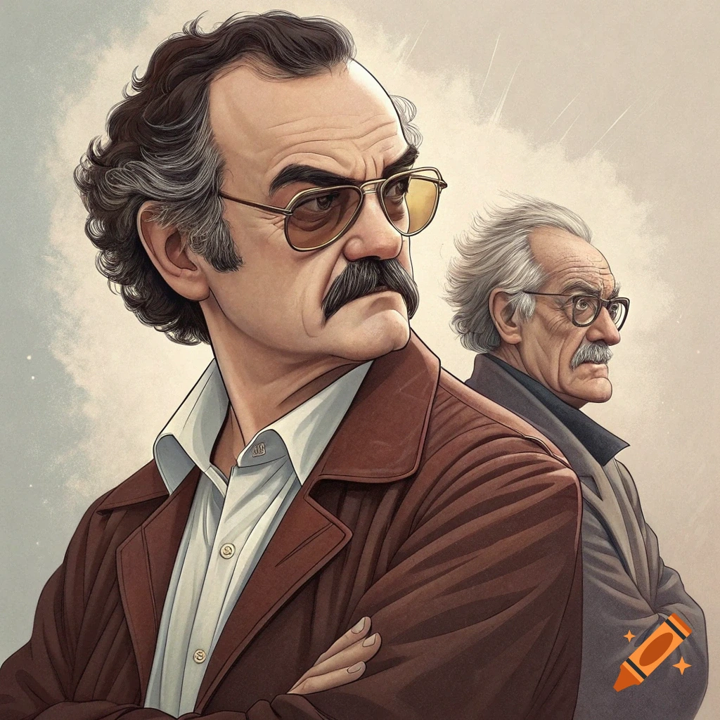 Stylized illustration of two men in profile, one prominent with glasses and mustache, looking sideways.