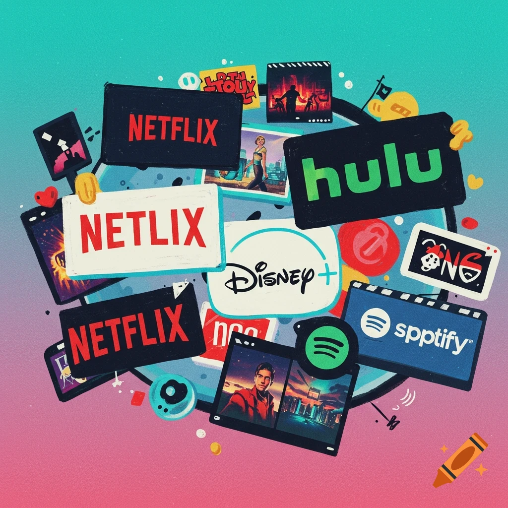Illustration of popular streaming service logos and imagery like Netflix, Hulu, Disney+, Spotify.