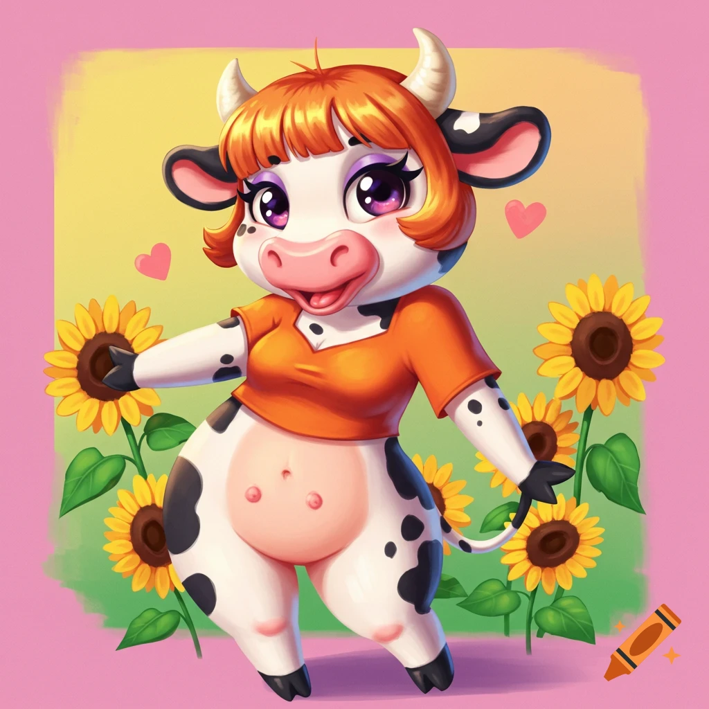 Cartoon cow character with orange hair and spots standing among sunflowers.