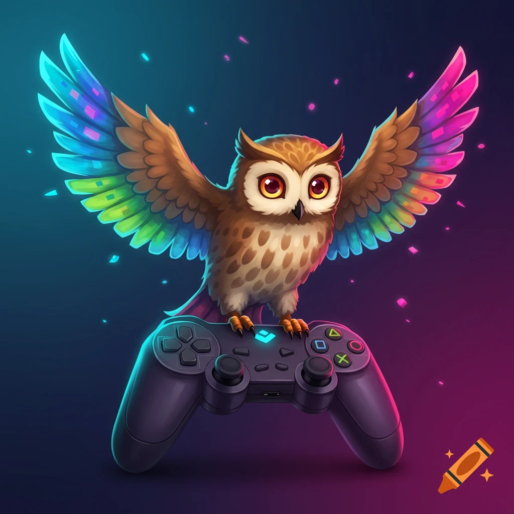 Cartoon owl with rainbow wings sitting on a gamepad.