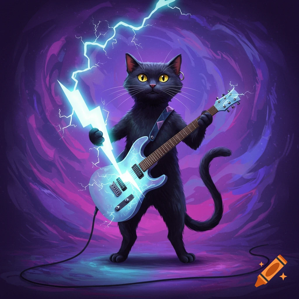 A black cat plays a glowing electric guitar with lightning.