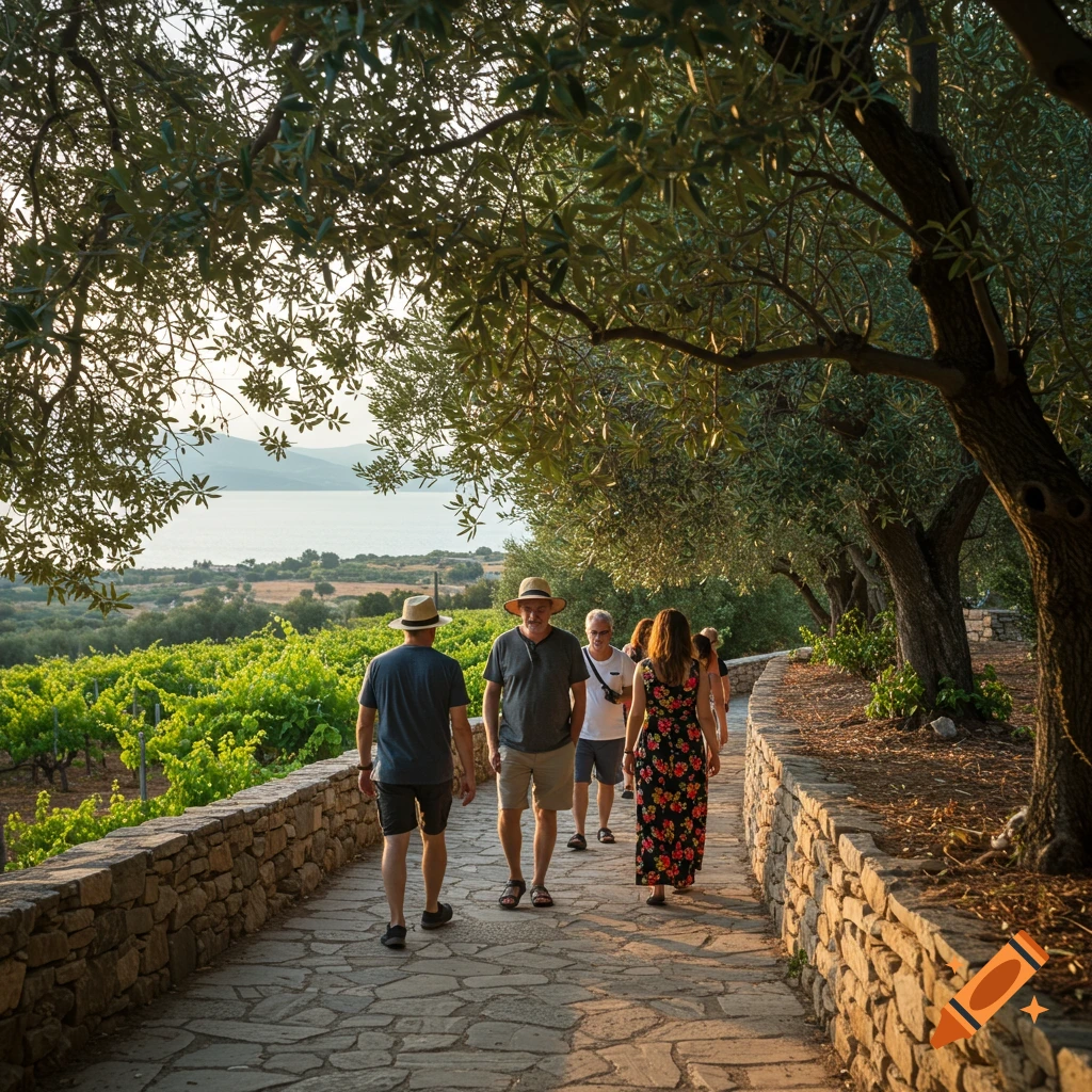 People walk on a stone path beside a vineyard, with olive trees and a body of water in the background.