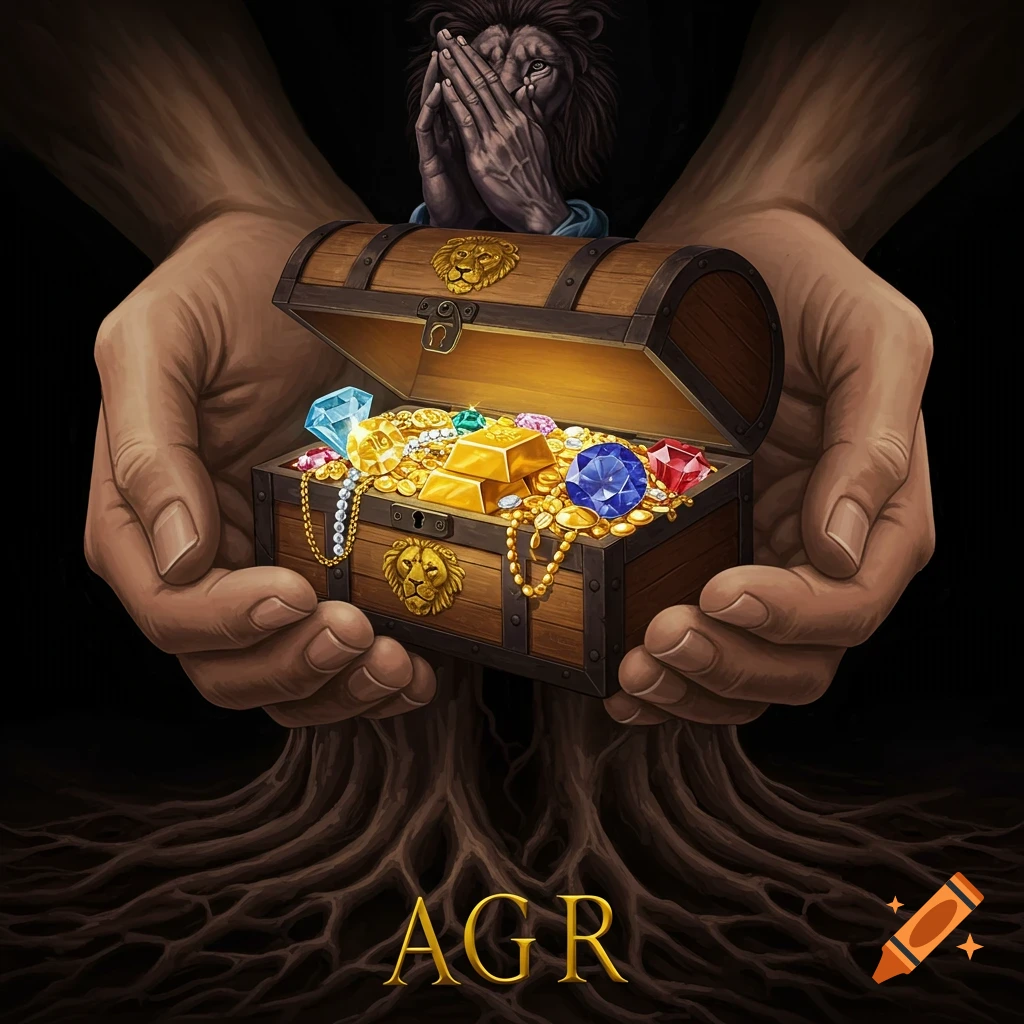 Hands like roots hold a treasure chest overflowing with jewels and gold ...