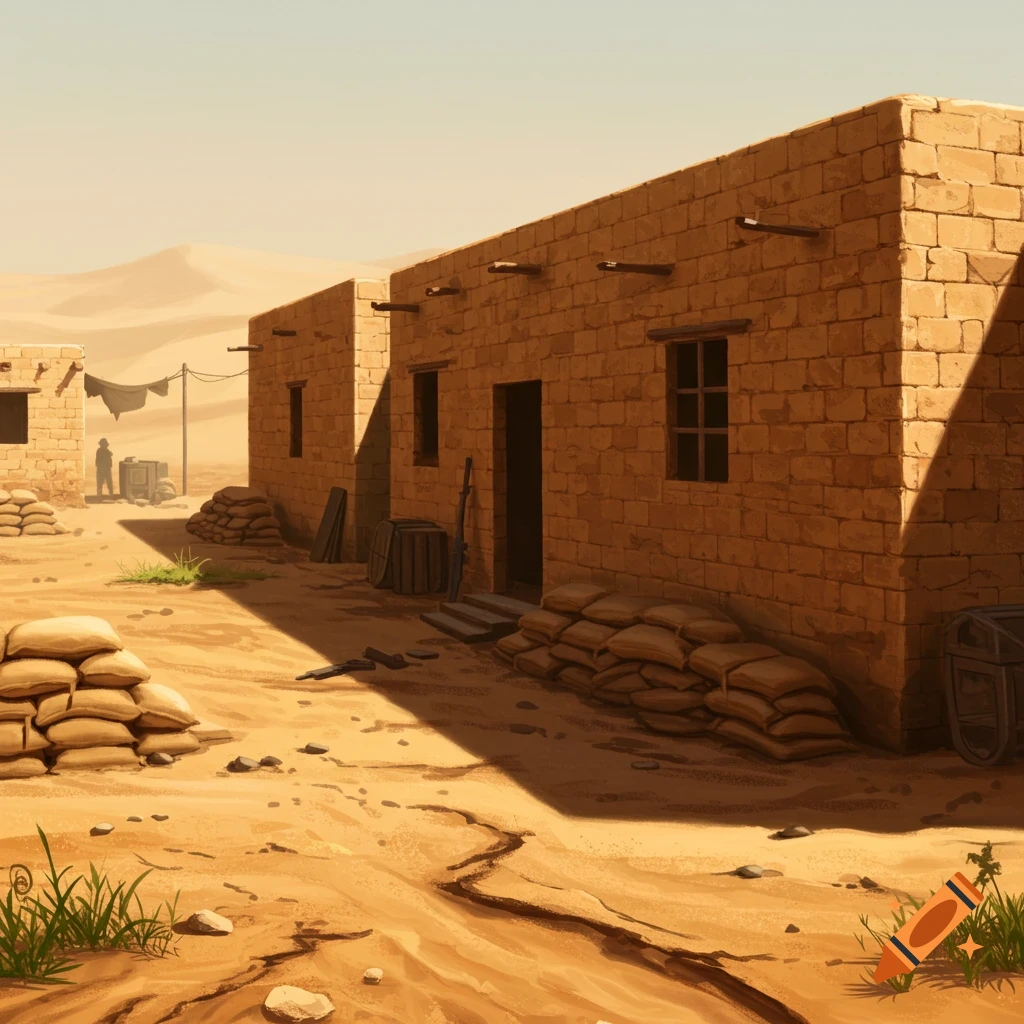 Desert barracks with sandbags and distant figures.