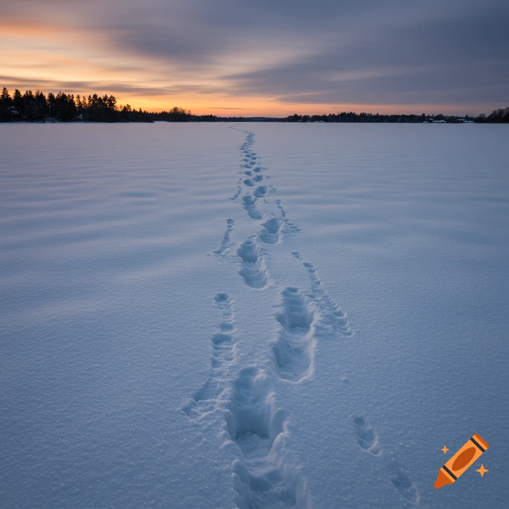 Footsteps in snow leading across a frozen landscape towards a treeline at sunset.