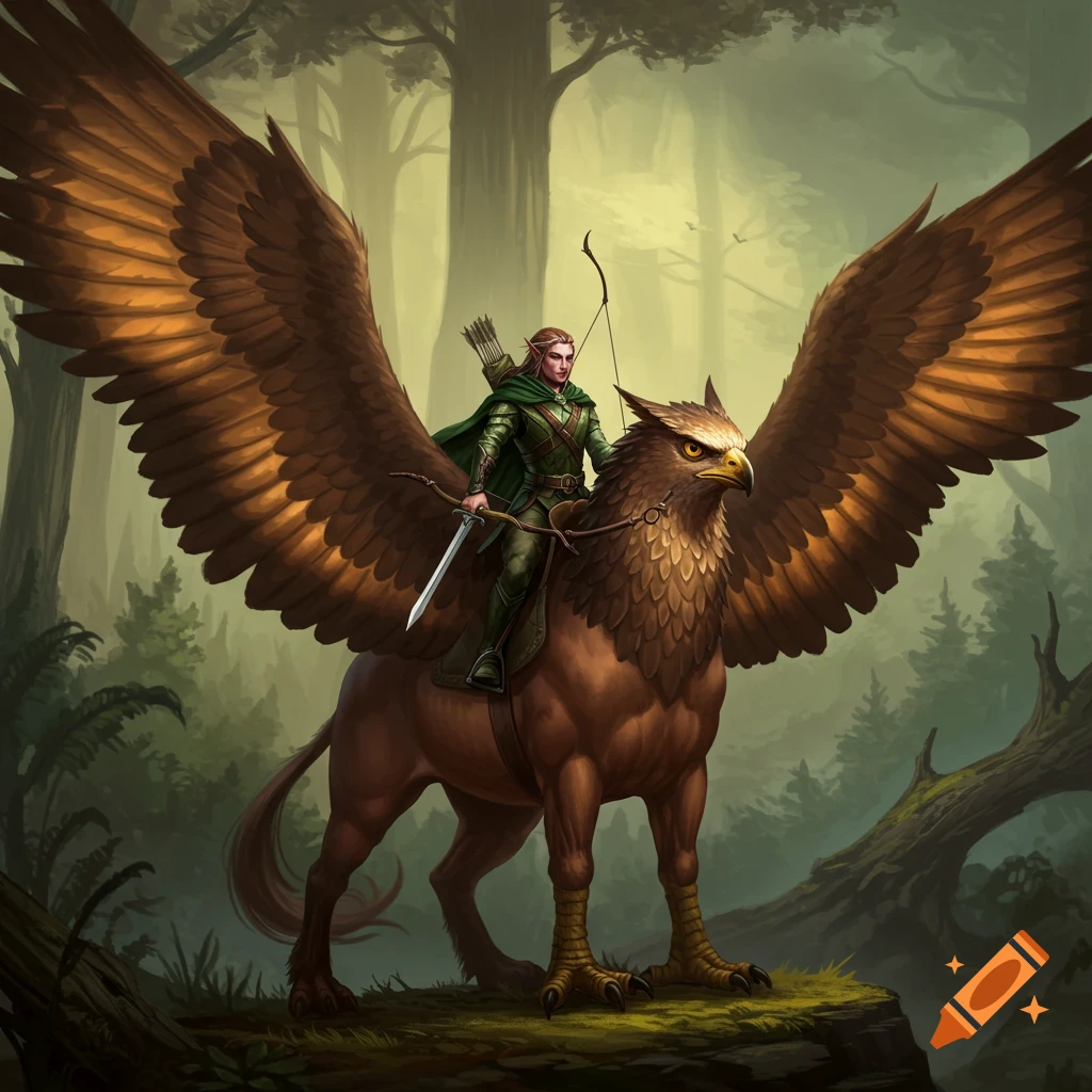 An elven archer rides a hippogriff through a misty forest.
