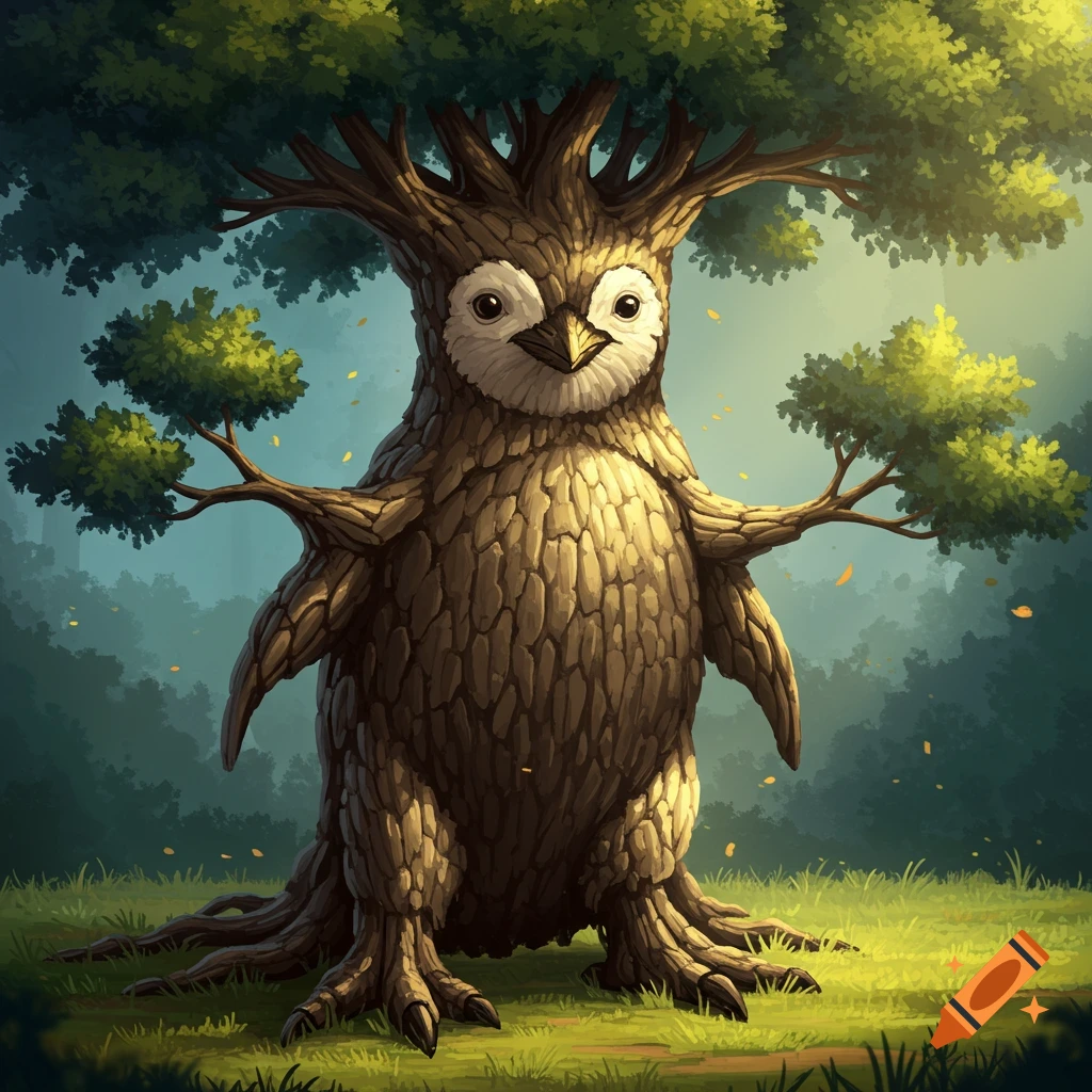 A creature resembling a tree with an owl's face stands in a forest.