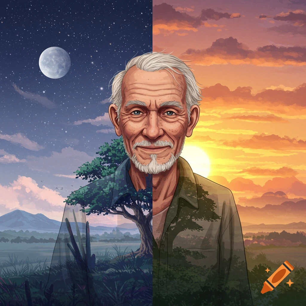 Image of an old man with a split background: night on the left, day on the right.