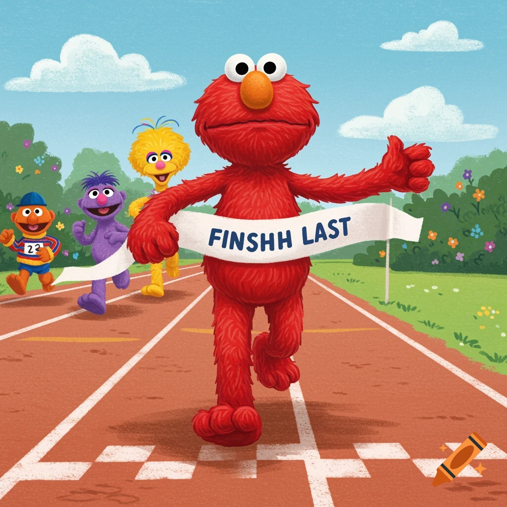 Elmo and other Sesame Street characters run a race. Elmo crosses the finish line holding a banner that reads "FINSHH LAST". Cartoon style.