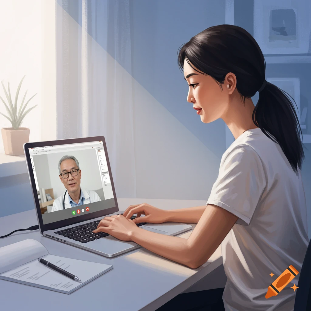 A woman using a laptop for a telehealth video call with a doctor.