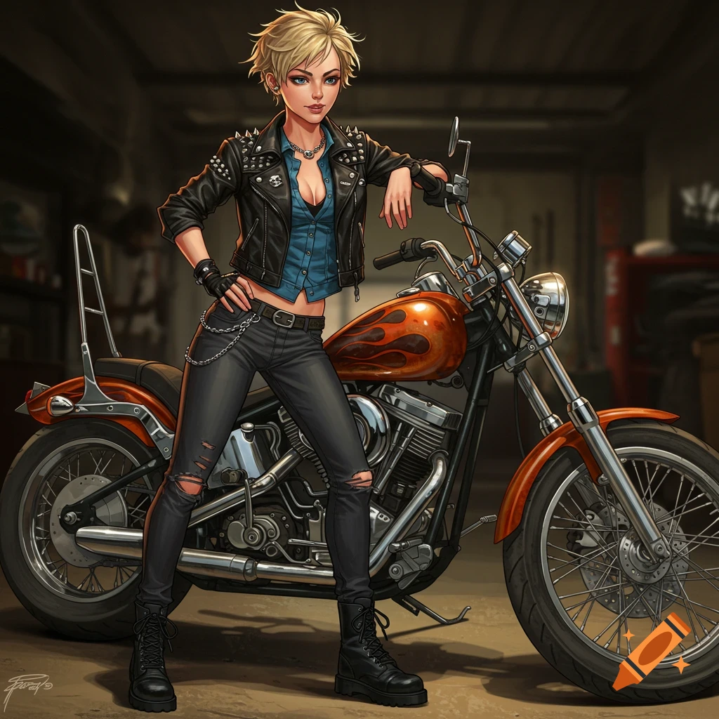 A blond woman in a leather jacket is leaning on a motorcycle in a garage.