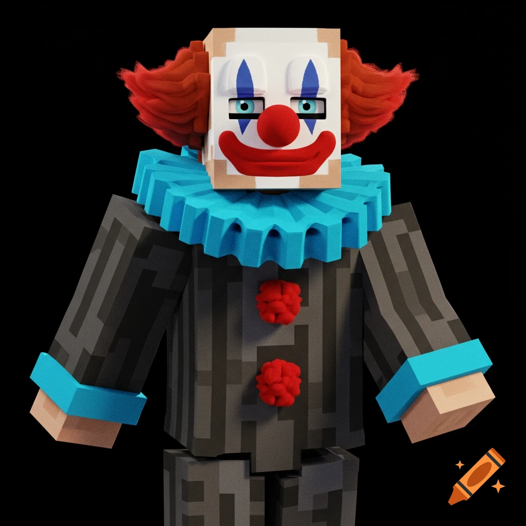 A 3D rendered clown character in a blocky, Minecraft-like style with red hair and a blue ruffled collar.