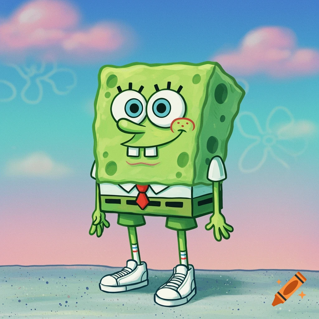 Green Spongebob Squarepants standing on sand wearing white sneakers under a colorful sky, digital art.