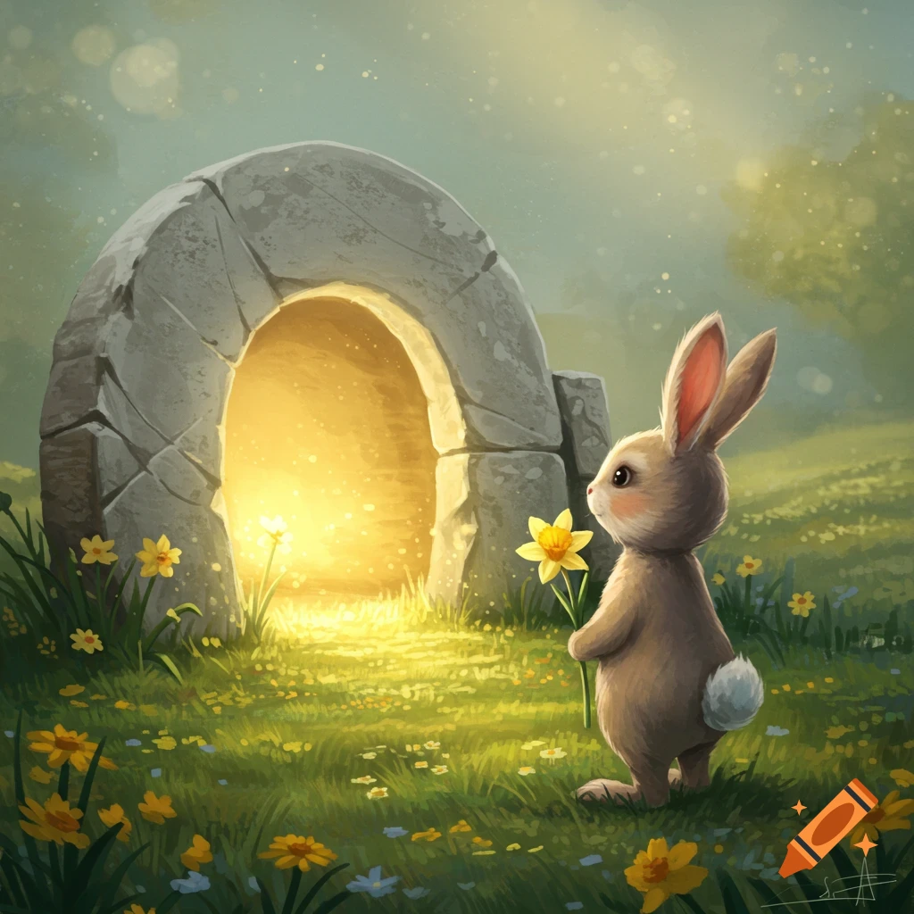 A cute bunny with a flower stands before a glowing archway in a grassy field with flowers.
