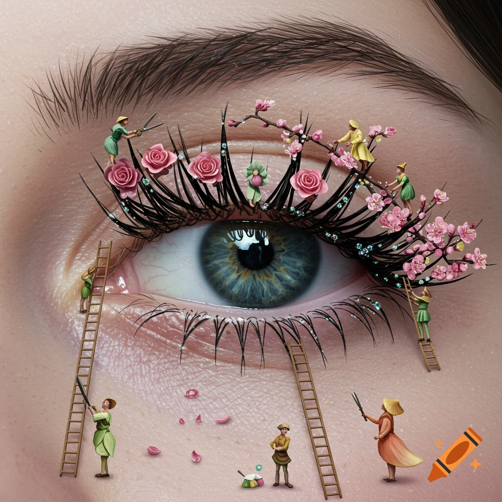A close-up of a human eye with miniature figures decorating the eyelashes with roses, cherry blossoms, and gems.