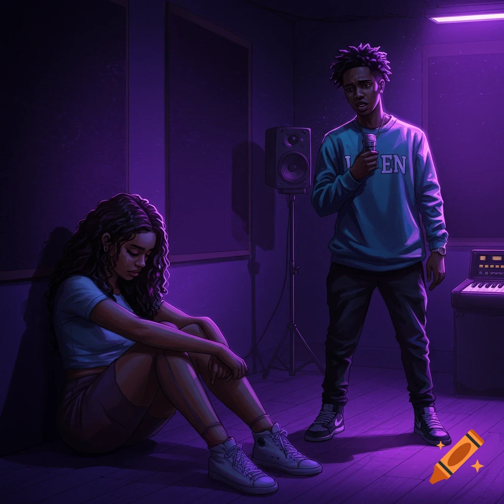 A tense scene in a dark recording studio with purple light, showing a distressed woman on the floor and a man standing.