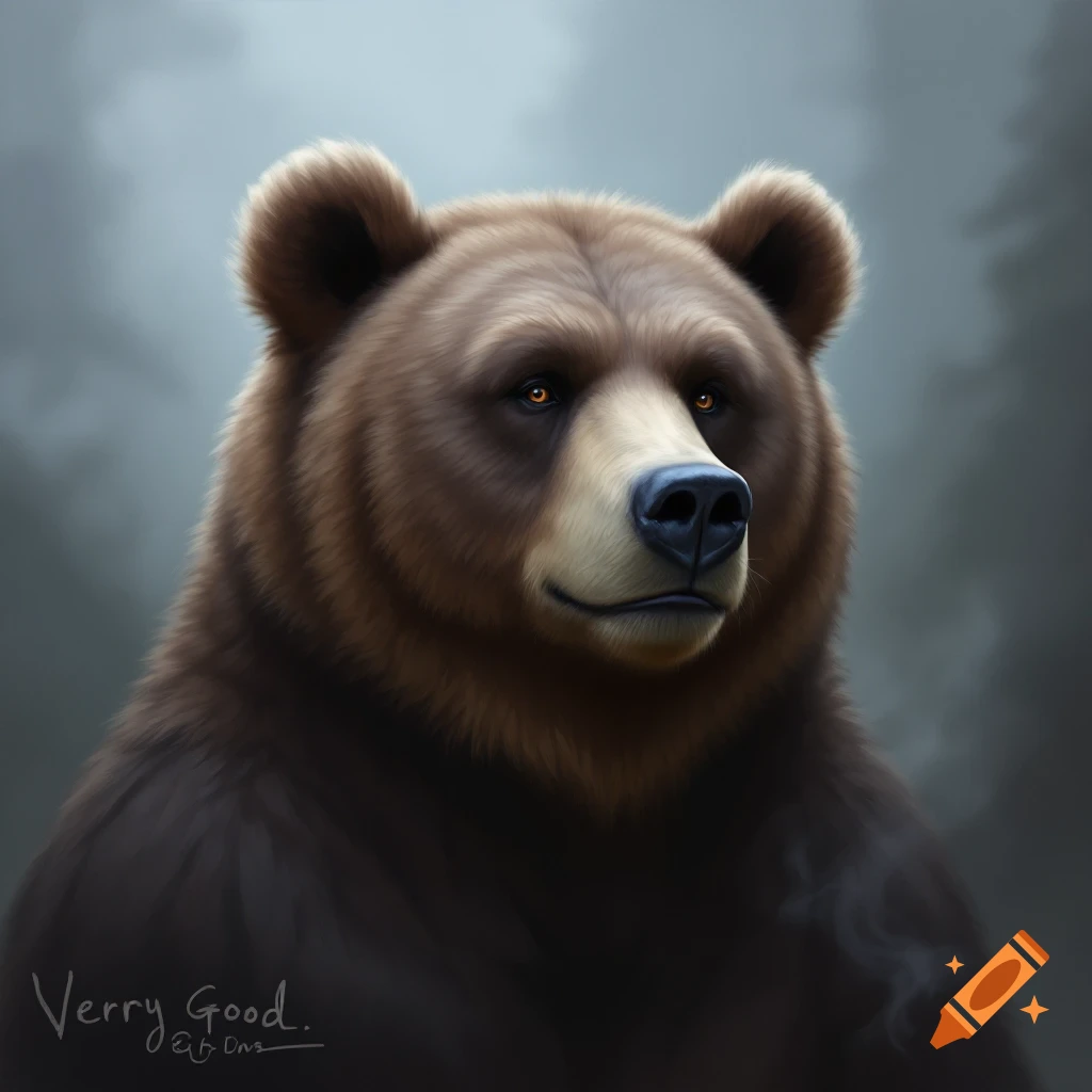 Brown bear head and shoulders against a smoky background.