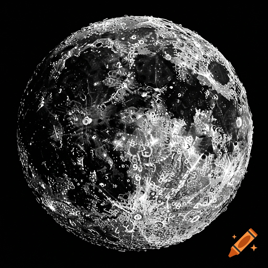 Black and white drawing of the moon formed from numbers and symbols.