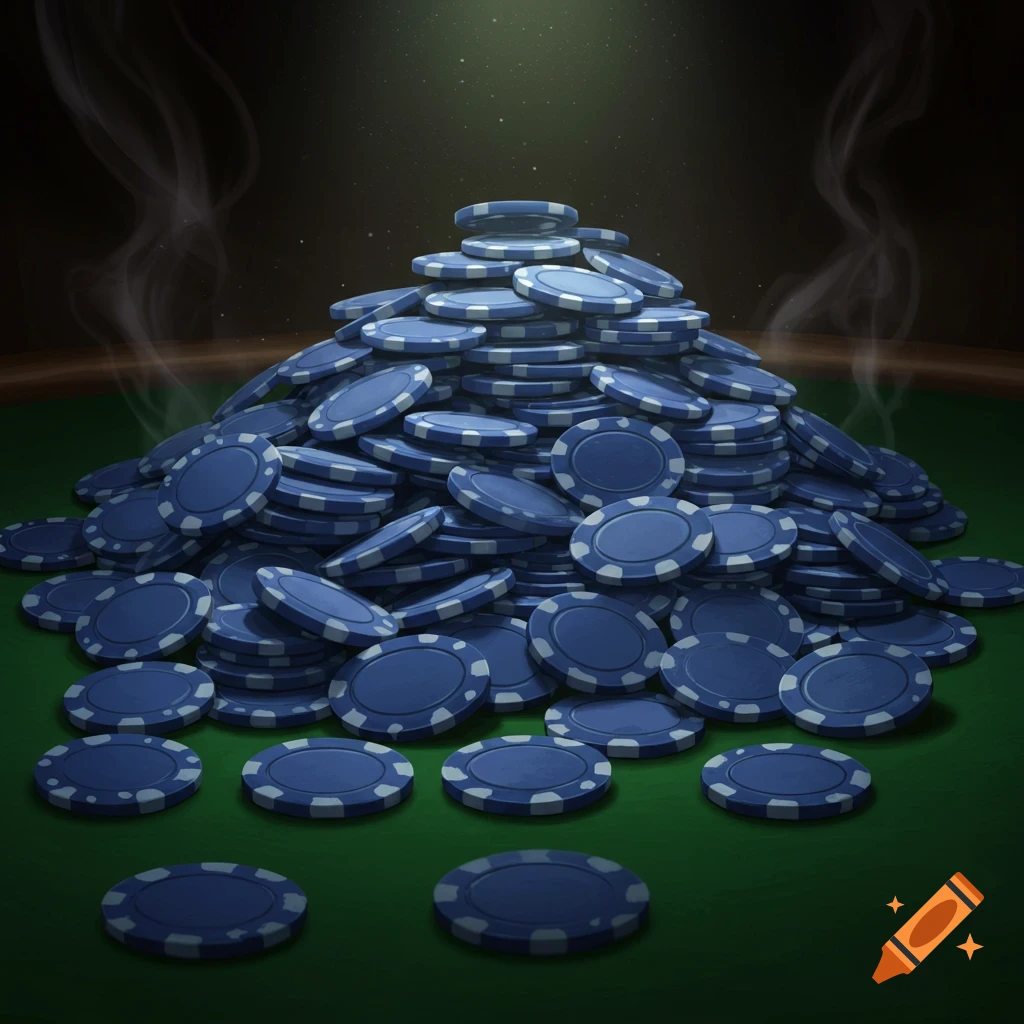 A large pile of blue poker chips on a green table.