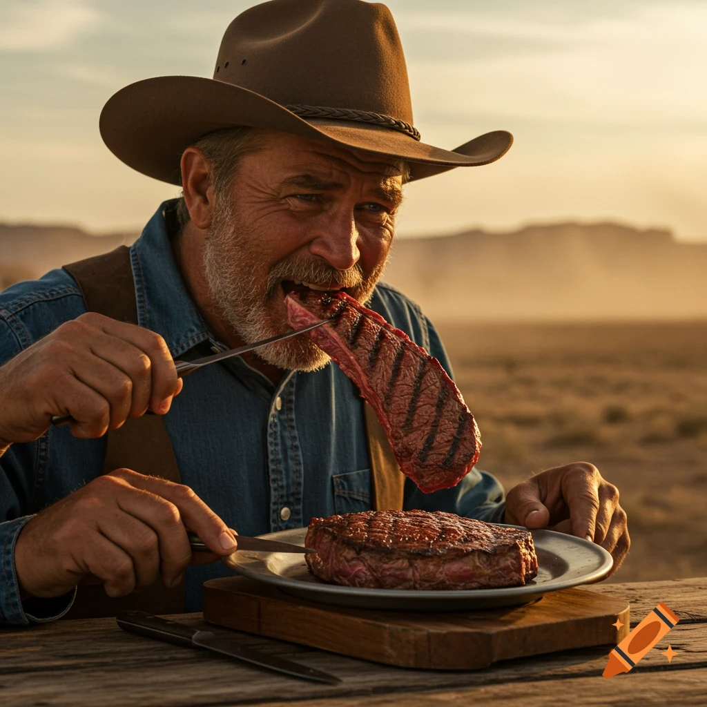 Hyper realistic photograph of a cowboy eating a steak outdoors.