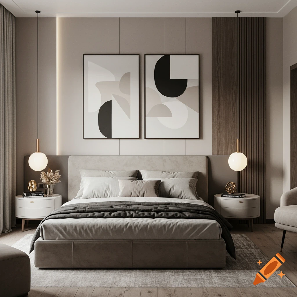A modern bedroom with a large bed, two nightstands, abstract art, and pendant lights.