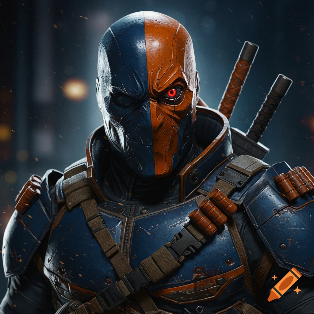 Close up of Deathstroke in his blue and orange armored mask and suit, with swords on his back.