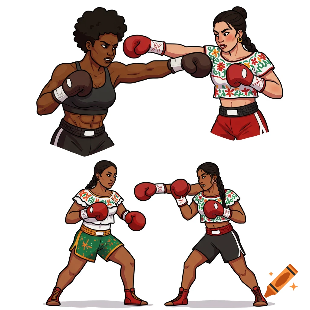 Four cartoon illustrations of women boxing.