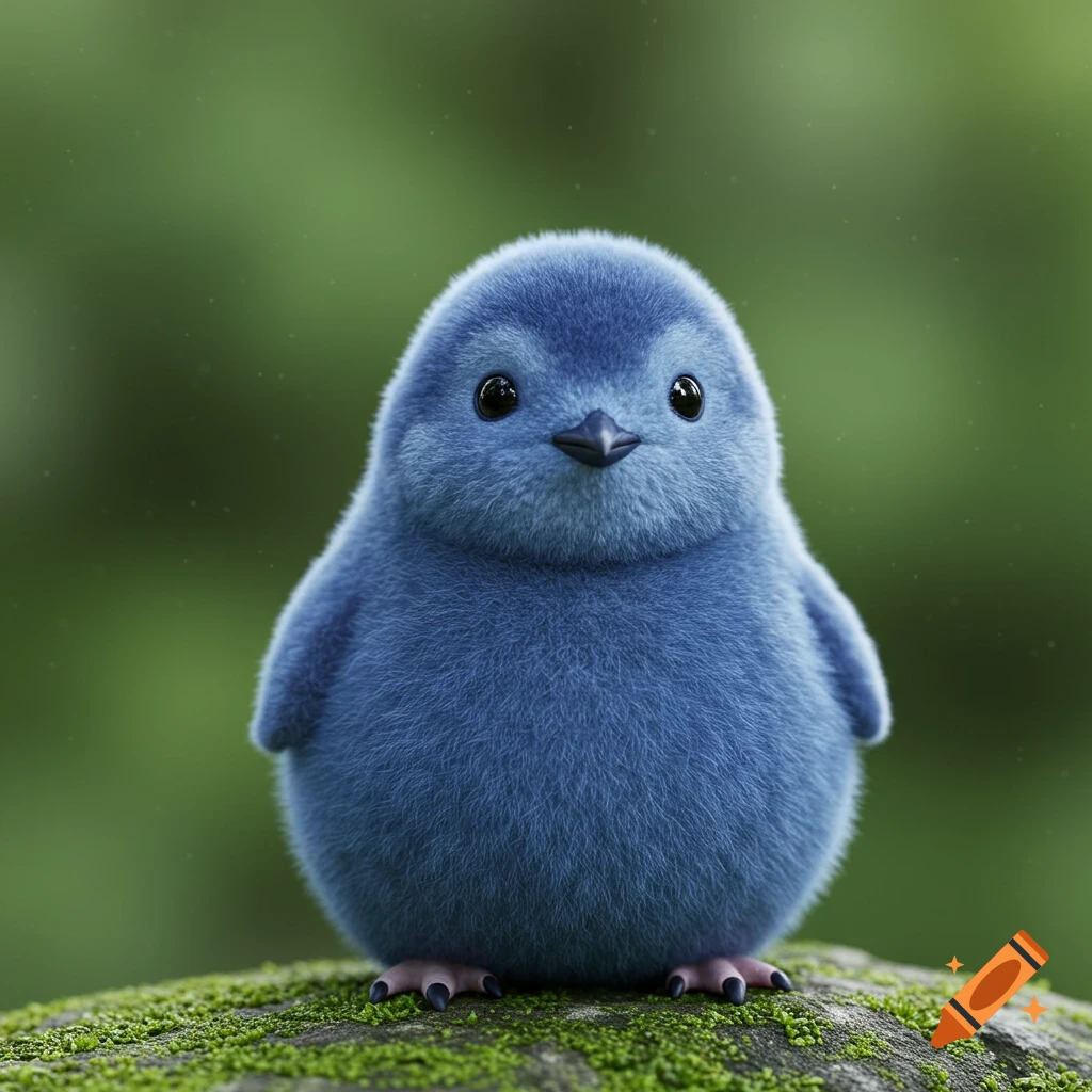 A round fluffy blue bird stands on mossy ground.
