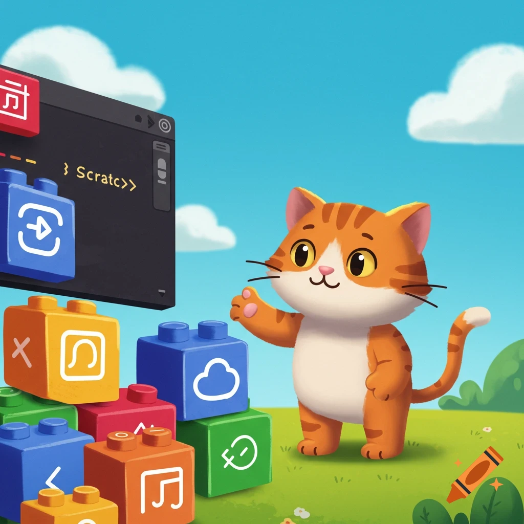 A friendly cartoon cat next to colorful code blocks and a screen with code, in a field.