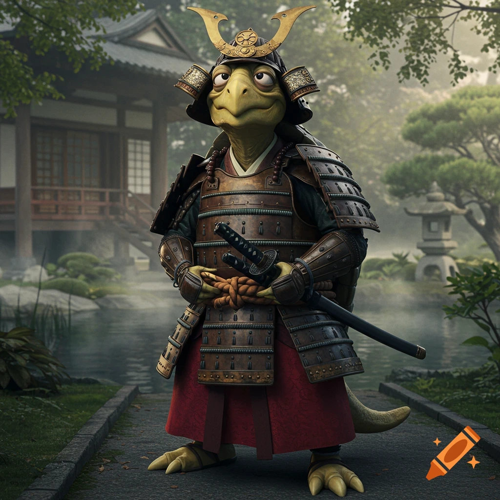 A cartoon turtle in samurai armor stands in a serene Japanese garden.