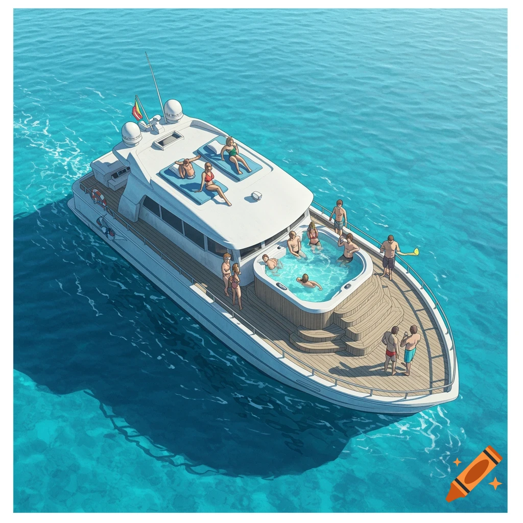 Aerial view of a yacht on blue water with people lounging and in a hot tub.
