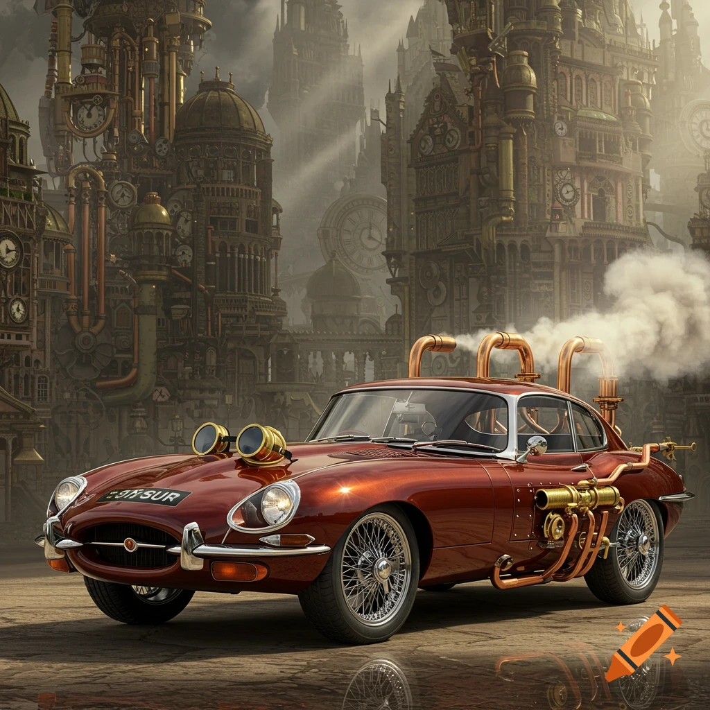 A detailed steampunk Jaguar E-type car in a steampunk city