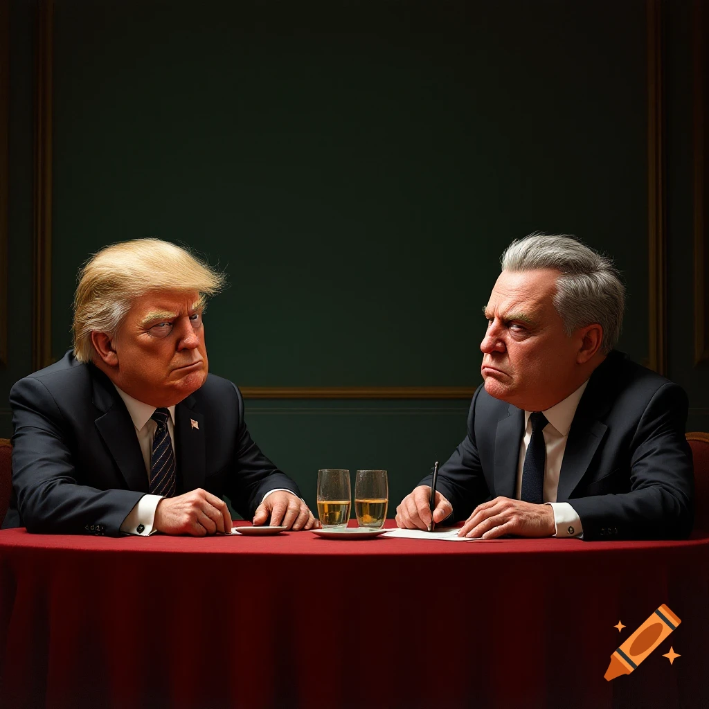 Trump and another figure with exaggeratedly large heads sit at a table.