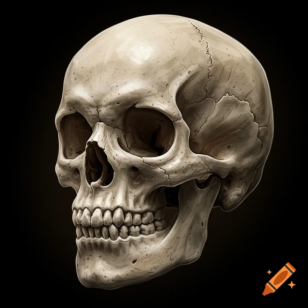 A human skull on a black background.